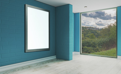 Empty blue bathroom interior with large window.. 3D rendering.Blank paintings.  Mockup.
