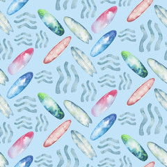 Watercolor style seamless surfing pattern of surf man and woman surfers silhouettes with surfboard wave background. Ocean surfing summer design