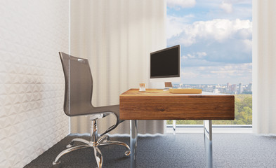 Fototapeta premium View of the workplace of the top manager of the company. Modern office with large panoramic windows. Glass partitions. 3D rendering. mockup