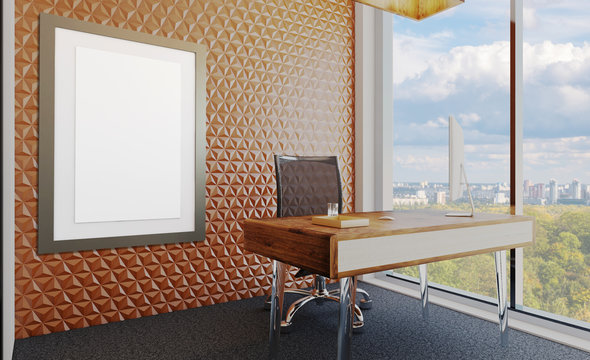 Modern office with large panoramic windows on the background of the metropolis. 3D rendering. Blank paintings. mockup