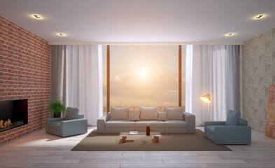 Room with large windows and a blue sofa against the background of brick walls.. 3D rendering. Sunset