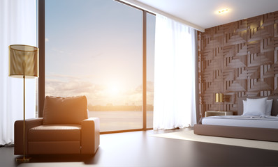Light, cute and cozy home bedroom interior. 3D rendering. Sunset