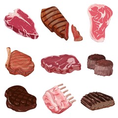 Steak icons set. Cartoon set of steak vector icons for web design