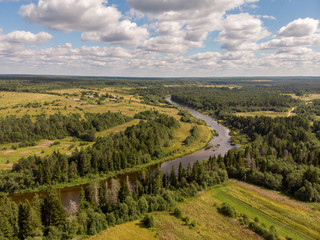 Fototapeta na wymiar View of the forest river in the summer with a drone