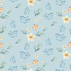 Watercolor style seamless surfing pattern of surf man and woman surfers silhouettes with surfboard wave background. Ocean surfing summer design