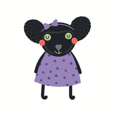 Hand drawn vector illustration of a cute funny indri girl in a dress. Isolated objects on white background. Scandinavian style flat design. Concept for children print.