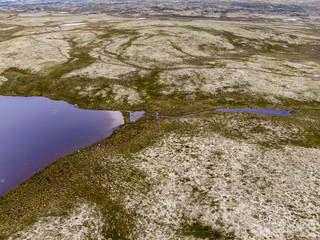 View of the lake in the tundra with drone