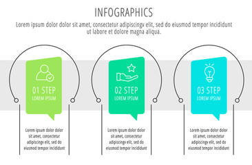 Modern vector flat illustration. Infographic circles template with three elements, shapes, icons. Timeline designed for business, presentations, web design, interface, education, diagrams with 3 steps