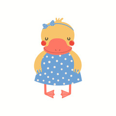 Hand drawn vector illustration of a cute funny duck girl in a dress. Isolated objects on white background. Scandinavian style flat design. Concept for children print.