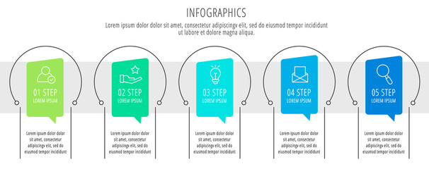 Modern vector flat illustration. Infographic circles template with five elements, shapes, icons. Timeline designed for business, presentations, web design, interface, education, diagrams with 5 steps