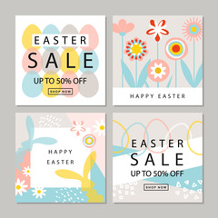 Set of cards Easter Sale. Backgrounds with hand-drawn elements.Can be used for voucher, wallpaper,flyers, invitation, posters, brochure, coupon discount,greeting card.
