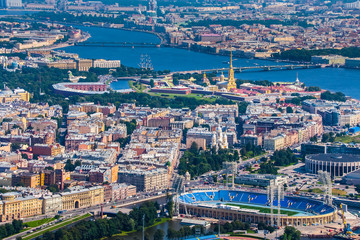 Saint Petersburg. Russia. Panorama of St. Petersburg from a height. Neva River. Petrovsky Island. Vasilyevsky Island. Bridges of St. Petersburg. Architecture of St. Petersburg.