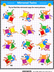 IQ training visual puzzle with colorful sewing spools (suitable both for kids and adults): Try to find the mirrored copy for every picture. Answer included.