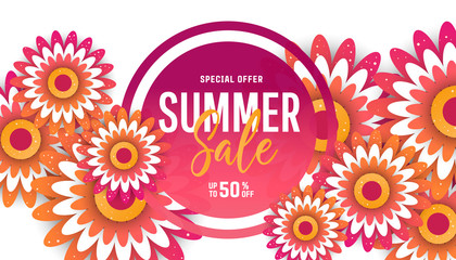 Summer sale flyer template with paper cut flowers