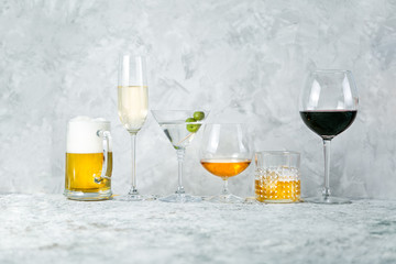 Selection of alcoholic drinks - beer, wine, martini, champagne, cogniac, whiskey