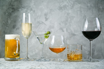 Selection of alcoholic drinks - beer, wine, martini, champagne, cogniac, whiskey