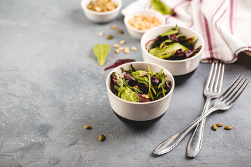 Fresh salad mix of baby spinach, arugula leaves and chard
