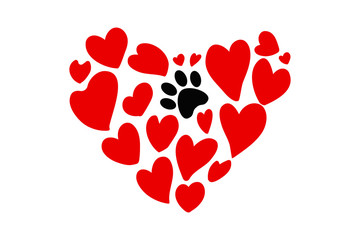 Hand drawn heart shape of different sizes red hearts and one black animal paw print. Dog footmark inside red heart. Pet paw silhouette. Illustration ready for web and print.