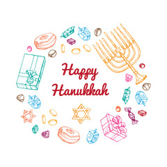 Jewish holiday Hanukkah greeting card. Doodle Set of traditional Chanukah symbols isolated on white - dreidels, Hebrew letters, donuts, menorah candles, star David glowing lights. Vector template