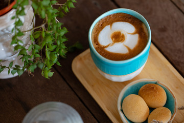 Backgrounds of Latte coffee, Coffee cup latte art in shop.