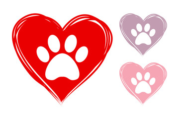 Set of three hearts in red, violet and pink colors. hand drawn hearts with animal paw prints inside. Vector hearts ready for web and print. Dog footmark logo. © Art Food