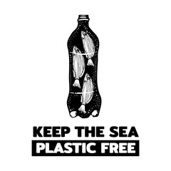 Ocean pollution vector illustration. Fish in a plastic bottle. Ecological poster.  Keep the sea, plastic free concept.