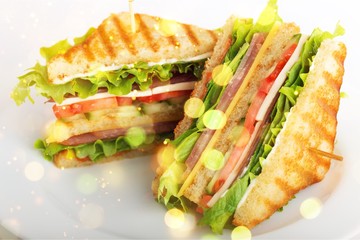 Fresh tasty sandwiches on white plate