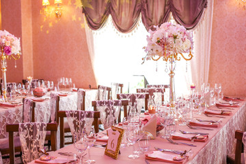 Beautifully wedding decoration in a restaurant, selective focus
