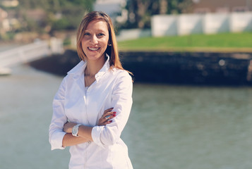 African-American lady in jeans in the garden