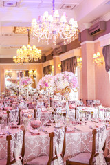 Beautifully wedding decoration in a restaurant, selective focus