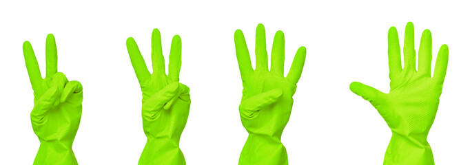 Hand in green rubber gloves shows numbers from two to five isolated on white background. Collage
