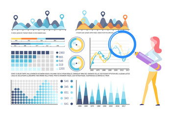Infographics and infocharts vector, editable info representation. Woman working with tool, investigating results. Magnifying glass zooming instrument