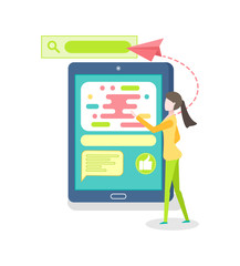 Woman side view near touchscreen tablet with empty colorful icons, online communication. Person using online smartphone, female and gadget vector