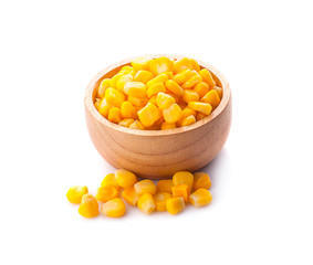 sweet corn in wooden bowl isolated on white background