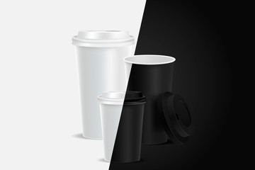 3 black coffee cups mockup on grey and black background. Cups of different size. Mock up. Mock-up. Coffee away. Coffee to go.