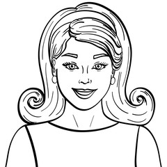 isolated object coloring, black lines, white background. Fashion model beautiful brunette girl. Retro hairstyle, styling