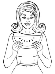 isolated object coloring, black lines, white background. Retro young girl eating watermelon. Proper nutrition. imitation comics style.