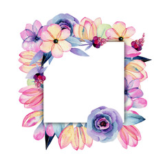 Watercolor pastel apple blossom flowers frame, hand painted on a white background