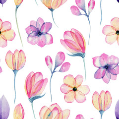Watercolor pastel pink apple blossom flowers seamless pattern, hand painted on a white background