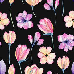Watercolor pastel pink apple blossom flowers seamless pattern, hand painted on a dark background