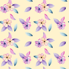 Fototapeta na wymiar Watercolor pastel apple blossom flowers and tender purple leaves seamless pattern, hand painted on a creamy background