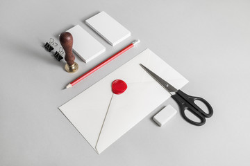 Corporate identity template. Blank stationery set on paper background. For graphic designers presentations and portfolios.
