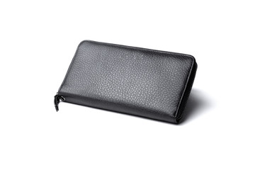 Men's black leather wallet, clutch bag on a white background