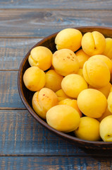 Ripe apricots in a clay bowl.
