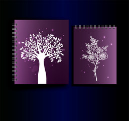 Vector of mock up notebooks on a spring, planner. A stylish print with a purple gradient and a beautiful tree of life and a juuket with flowers. Business Notebooks and Planners