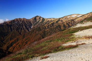 東北飯豊連峰　飯豊山山頂への道　切合小屋稜線から大日岳　紅葉の谷を望む