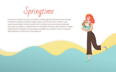 Happy woman embracing bouquet of flowers, smiling girl holding flavor, wearing casual clothes. Springtime postcard decorated by attractive female vector