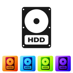 Black Hard disk drive HDD icon isolated on white background. Set icon in color square buttons. Vector Illustration