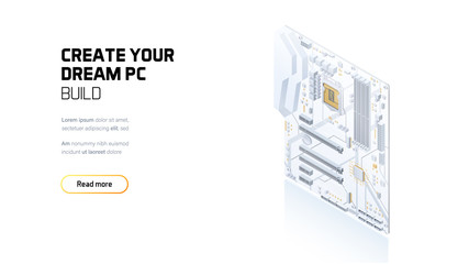 Gaming PC motherboard isometric illustration, custom computer components for workstation, computer store and service