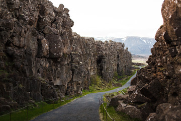  Beautiful view from the high point of the mountains and the hiking trail in Iceland. Early June in Reykjavik